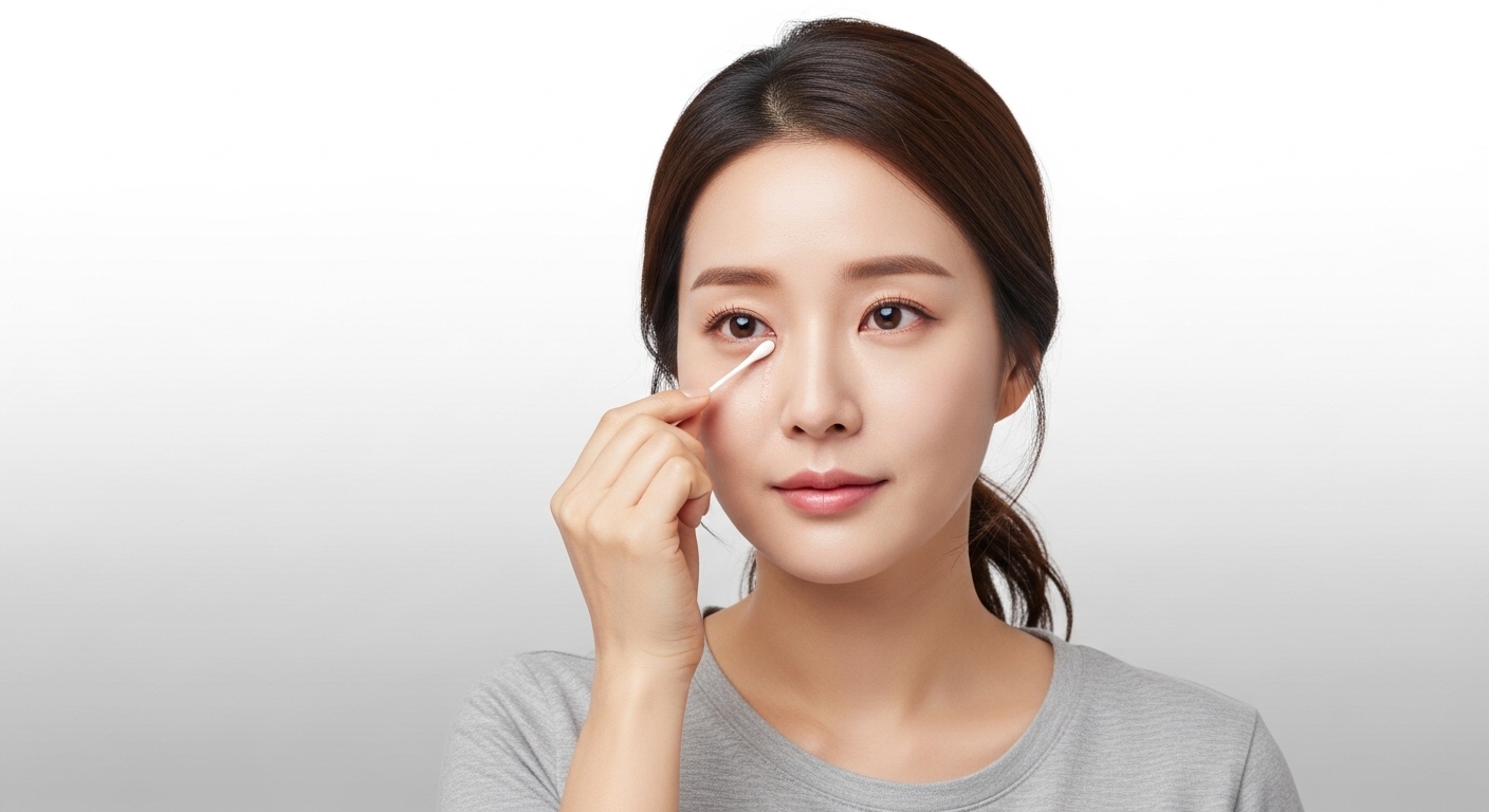 면봉과 전용 리무버를 사용하여 속눈썹 사이 마이봄샘 입구의 메이크업 잔여물을 닦아내는 올바른 세안법